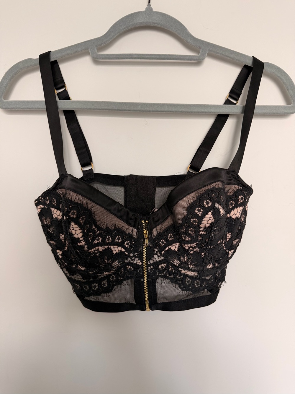 Victoria's Secret 34D Black Floral Lace Underwire Bustier Corset Zip Front NWT